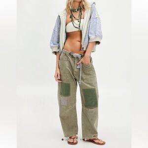 Free People Olive Green Patchwork Wide-Leg Jeans